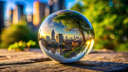 A transparent glass sphere featuring a glassmorphism effect, encapsulating a miniature city inside, skillfully blending elements of reality with fantasy.