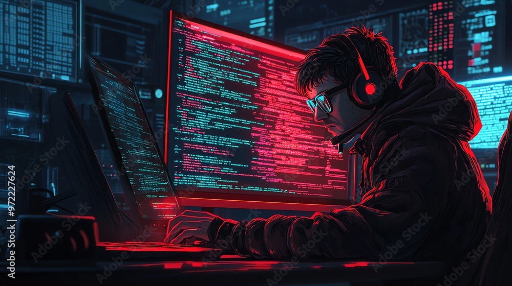 Poster hacker in a dark room with red and blue neon lights, looking at computer screens full of code.