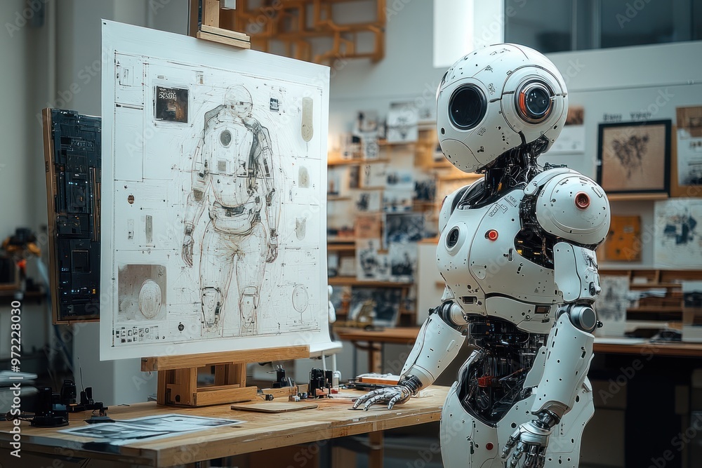 Poster a humanoid robot stands beside a technical drawing in a workshop.