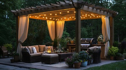 A pergola-shaded BBQ patio with string lights and outdoor curtains, comfortable cushioned seating, and a grill in the corner, surrounded by potted plants and greenery for a cozy evening get-together.