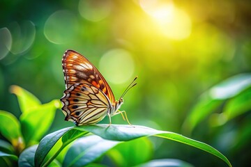 butterfly on a green leaf with green summer background