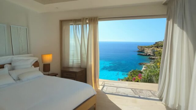 Luxury house on the island. Minimalist bedroom interior of a Mediterranean-style house with access to the sea. The calming scent of the sea wafts through open windows.