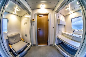 Obraz premium An up close view of the lavatory door in an uninhabited cabin of an aircraft with a fisheye lens creating a distorted perspective, onboard facilities, aviation,aircraft, lavatory door