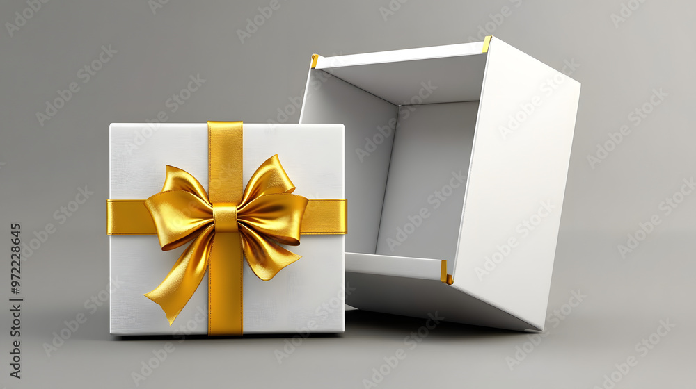 Poster white present box open with blank golden bottom box or blank opened gift box tied with gold ribbon a