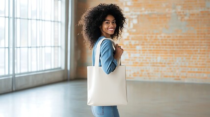 A woman carrying a customizable tote bag on her shoulder, ready for a brand logo or creative design to make a statement