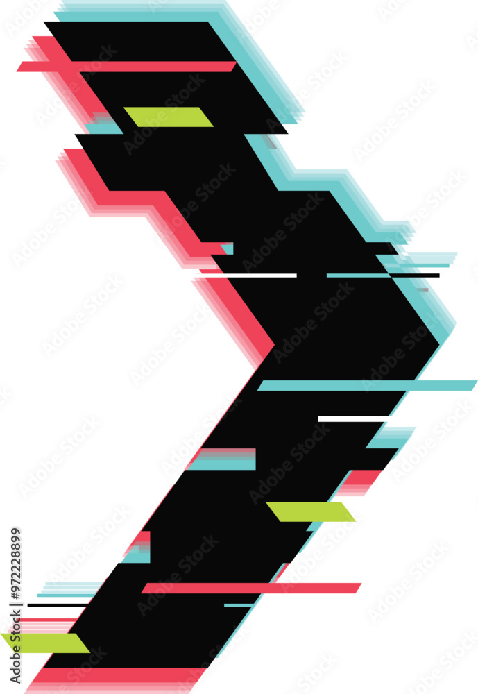 Poster black arrow pointing right glitching with rgb offset effect on white background