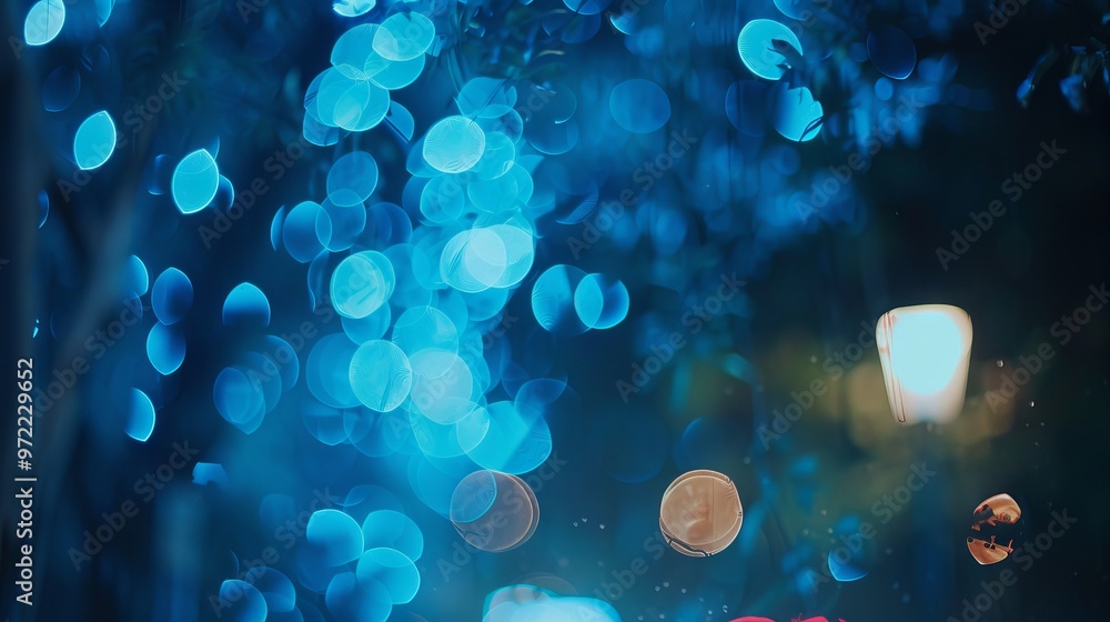 Poster bright blurred abstract blue bokeh lights on dark background creating a soft backdrop for elegant de