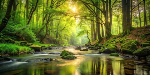 Calm woodland stream flowing through a lush forest Low Angle