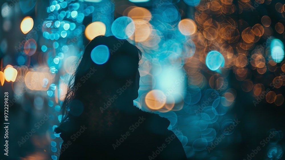 Poster bright blurred abstract blue bokeh lights on dark background creating a soft backdrop for elegant de