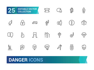 Danger icon set. Line icons collections, caution, chemical biohazard icon. Thin line editable stroke sign. Linear icon collection. Vector illustration.