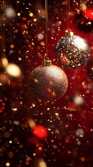 Obraz premium falling golden and silver glittering Christmas bauble, confetti flying around