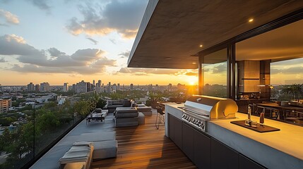 A rooftop BBQ area with a minimalist design, featuring a stainless steel grill, concrete countertops, sleek modern furniture, and a panoramic view of the cityscape as the sun sets in the distance.