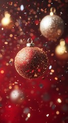 falling golden and silver glittering Christmas bauble, confetti flying around