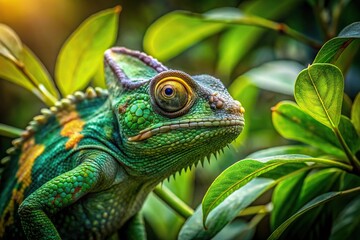 Obraz premium Camouflaged chameleon blending into jungle leaves