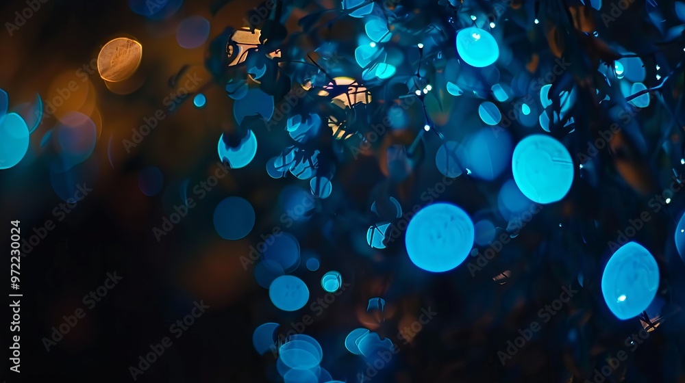 Poster bright blurred abstract blue bokeh lights on dark background creating a soft backdrop for elegant de