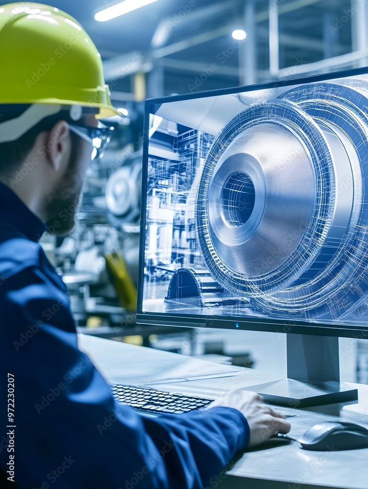 Poster engineer working on 3d turbine model on computer screen