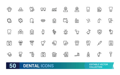 Dental editable stroke outline Icons set. Dentist, care, disease, teeth whitening, removal, broken, root canal, tooth filling and wisdom teeth. Linear icon collection. Vector illustration