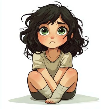 recommend clip art: A cartoon girl with dark hair and red cheeks holds her stomach in pain, set against a blank white background.