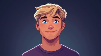 Create a modern profile pic with a British man featuring blonde hair, light skin, and a purple tshirt for a pet care app.