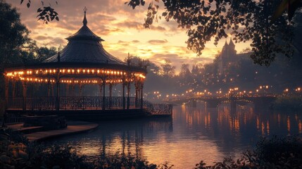 Obraz premium A serene gazebo by a river at sunset, adorned with lights, creating a peaceful atmosphere.