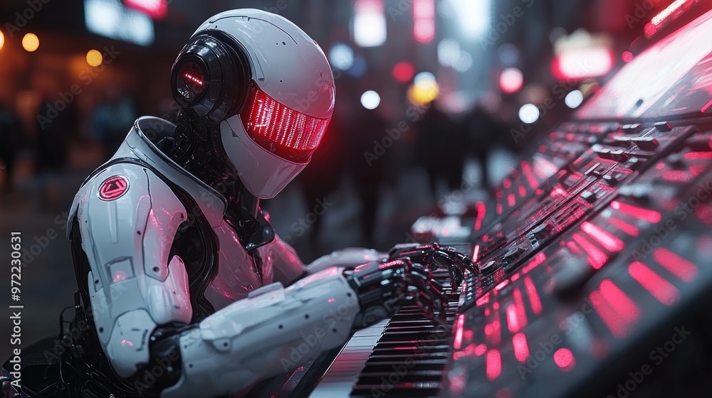 Poster a futuristic robot playing a keyboard in a neon-lit urban setting.