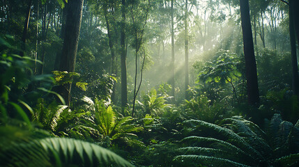 A lush Australian rainforest featuring ferns, towering trees, and thick vegetation thriving in the humid environment 