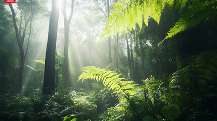 A lush Australian rainforest featuring ferns, towering trees, and thick vegetation thriving in the humid environment 