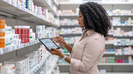 A woman carefully selects medication from a pharmacy shelf, holding a tablet to assist her with information and guidance