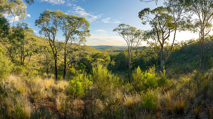 A panoramic view of an Australian bushland with dense shrubbery and a variety of native plants 