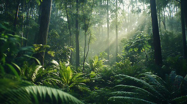 A lush Australian rainforest featuring ferns, towering trees, and thick vegetation thriving in the humid environment 
