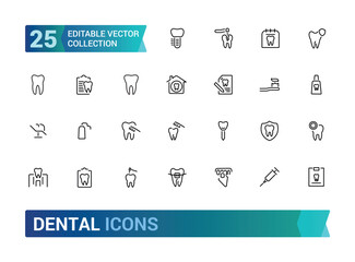 Dental editable stroke outline Icons set. Dentist, care, disease, teeth whitening, removal, broken, root canal, tooth filling and wisdom teeth. Linear icon collection. Vector illustration