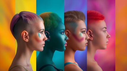 Obraz premium A group of four LGBT women standing against a vibrant rainbow-colored background, symbolizing unity and diversity.