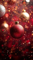 Obraz premium falling golden and silver glittering Christmas bauble, confetti flying around