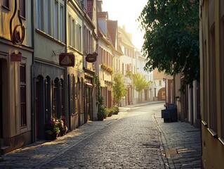 Obraz premium A peaceful morning in a small European city, with cobblestone streets, charming cafes opening their doors, and soft light illuminating historic buildings and quiet squares