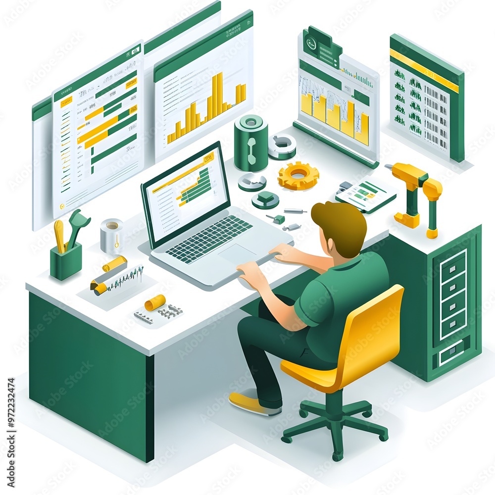 Poster salesperson s isometric workspace with sales data and workshop tools