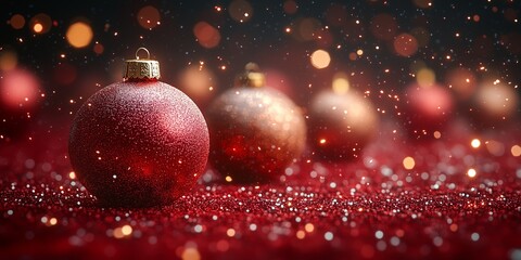 falling golden and silver glittering Christmas bauble, confetti flying around