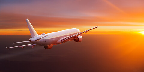 Passengers commercial airplane flying above clouds in sunset light. Concept of fast travel, holidays and business.