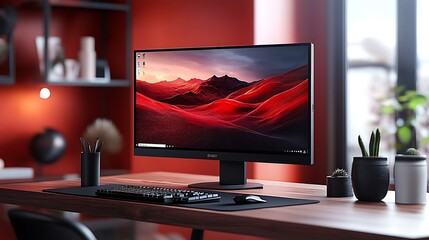 Modern workspace featuring a monitor, keyboard, and plants.