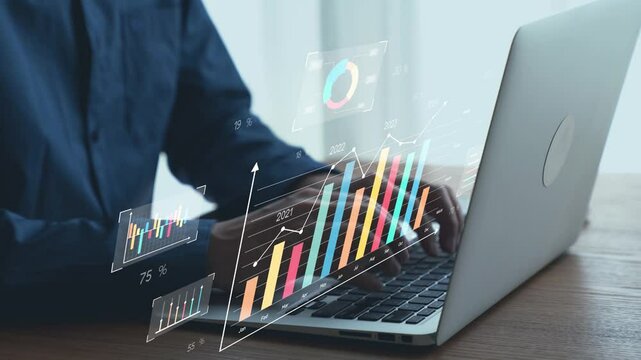 Business person evaluates metrics for business growth, setting goals for expansion. Insights on fostering continuous business growth through innovation and strategy 2025. UUID
