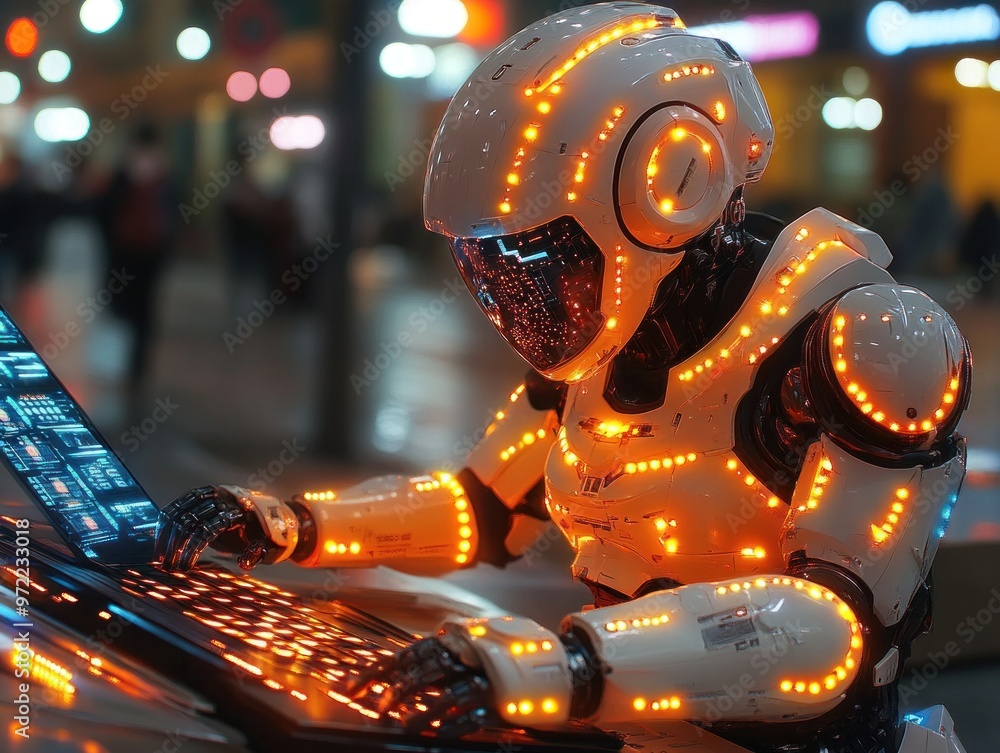Poster a futuristic robot interacting with a digital interface in a city.