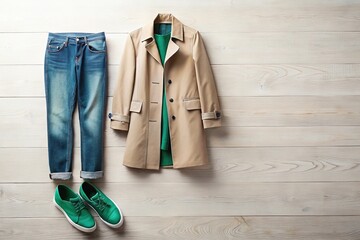 Casually dressed mannequin in beige jacket, worn jeans, and green shoes