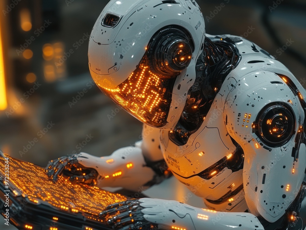 Poster a futuristic robot interacting with a glowing interface.
