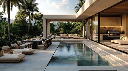 A sophisticated outdoor BBQ area with a luxury cabana, featuring a sleek grill station, a long dining table, soft lounge chairs, and a poolside setting framed by palm trees at dusk.