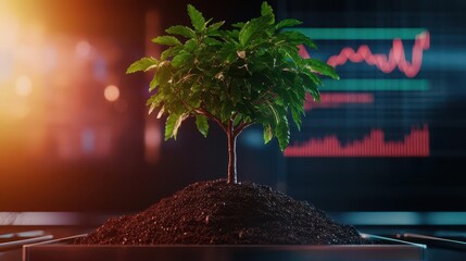 A thriving digital tree emerging from a tech seed, its branches filled with market graphs and futuristic business tools, glowing in a neon-lit environment, highly detailed, 4k