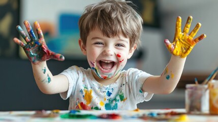 A joyful child with paint-splattered hands, celebrating creativity and art.