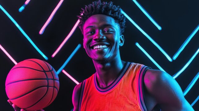 Vibrant African American Man Holding Basketball Against Neon-lit Backdrop