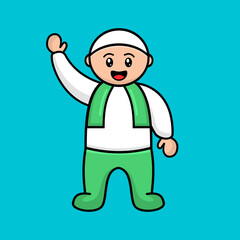 Islamic Child Mascot Cartoon Greeting. Vector Illustration