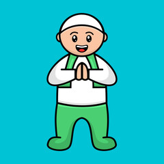 Islamic Child Mascot Cartoon Greeting. Vector Illustration