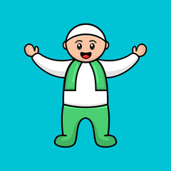 Islamic Child Mascot Cartoon Greeting. Vector Illustration