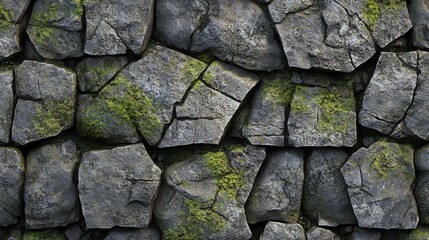 Rough, gray stone wall with green moss.